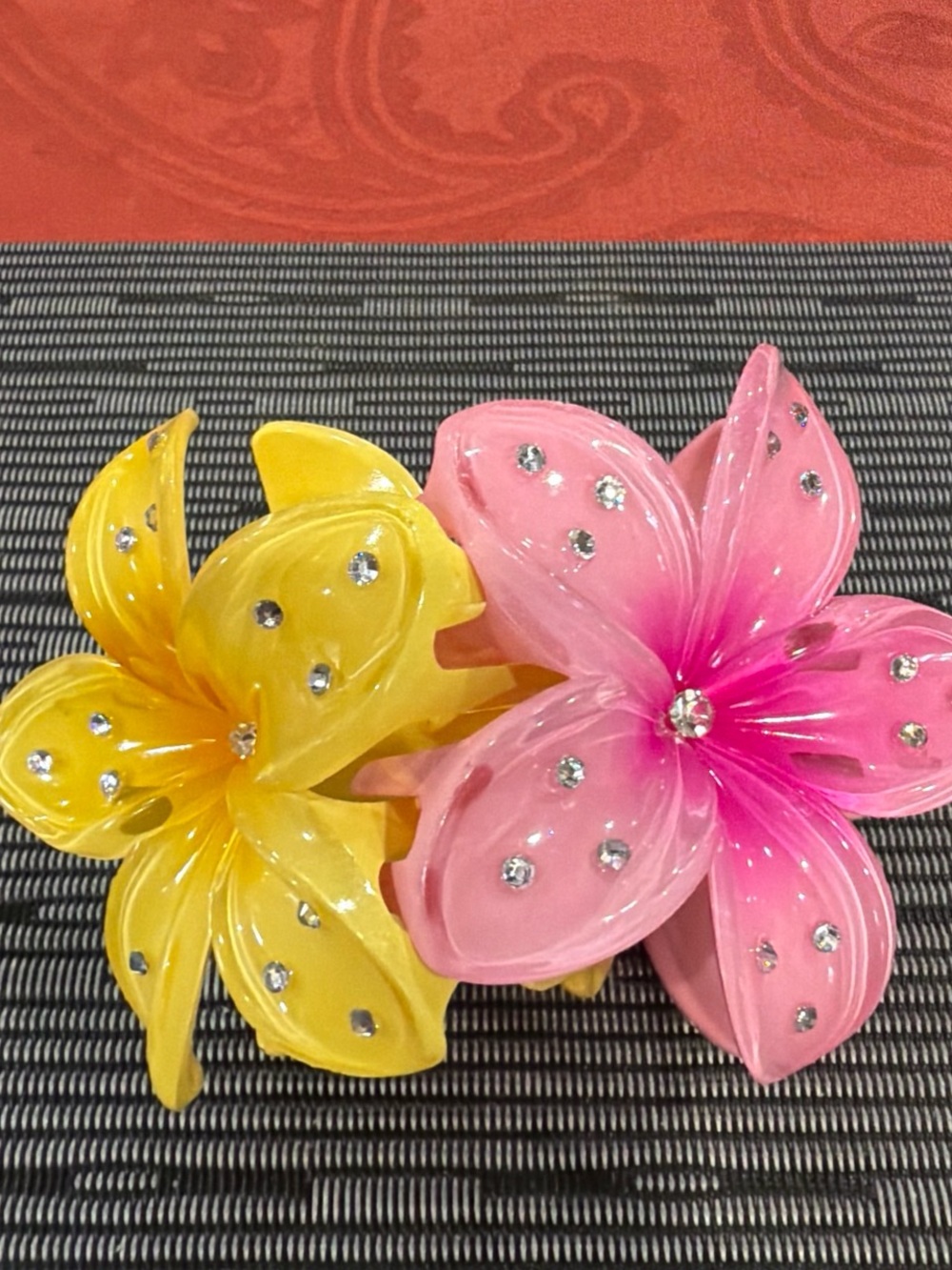 Pink and Yellow Floral Hair Clip Set - Decorative Rhinestone Accents